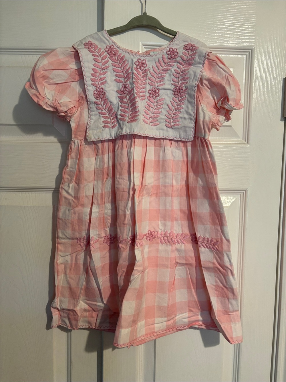 Pink Gingham Embroidered Puff-Sleeve Dress for Girls